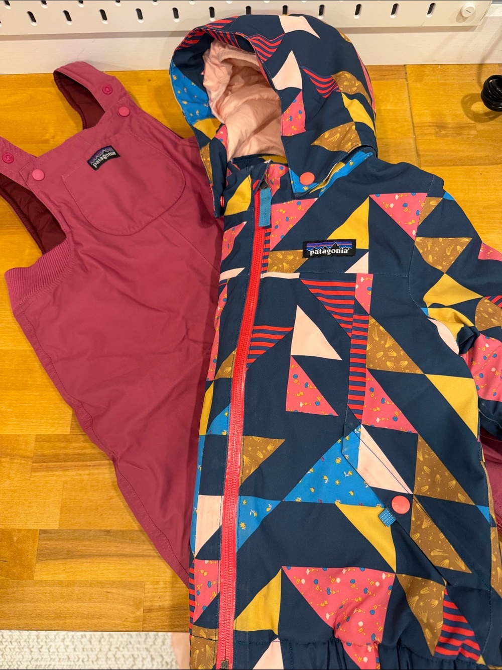 Patagonia Girls Navy Geometric Hooded Jacket with Maroon Snow Bibs